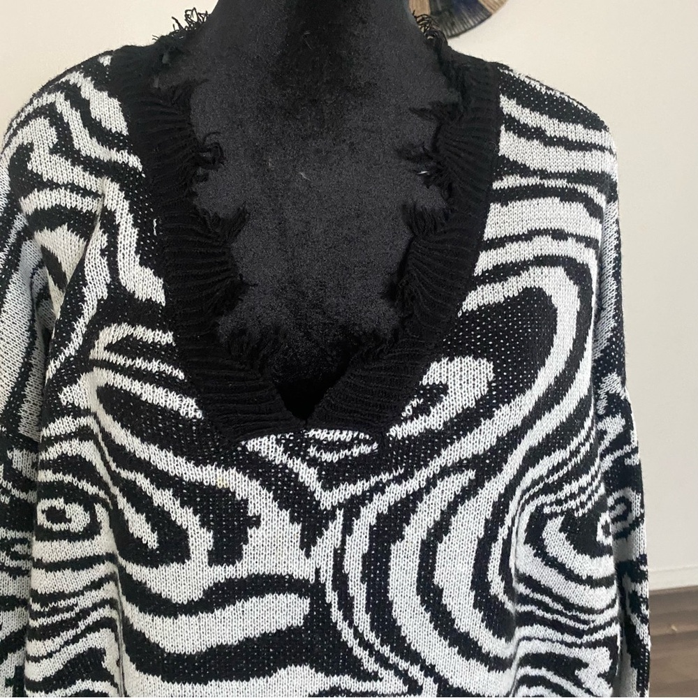 Mini Black and White Dress with Fringe and V-neck - Picture 3 of 9
